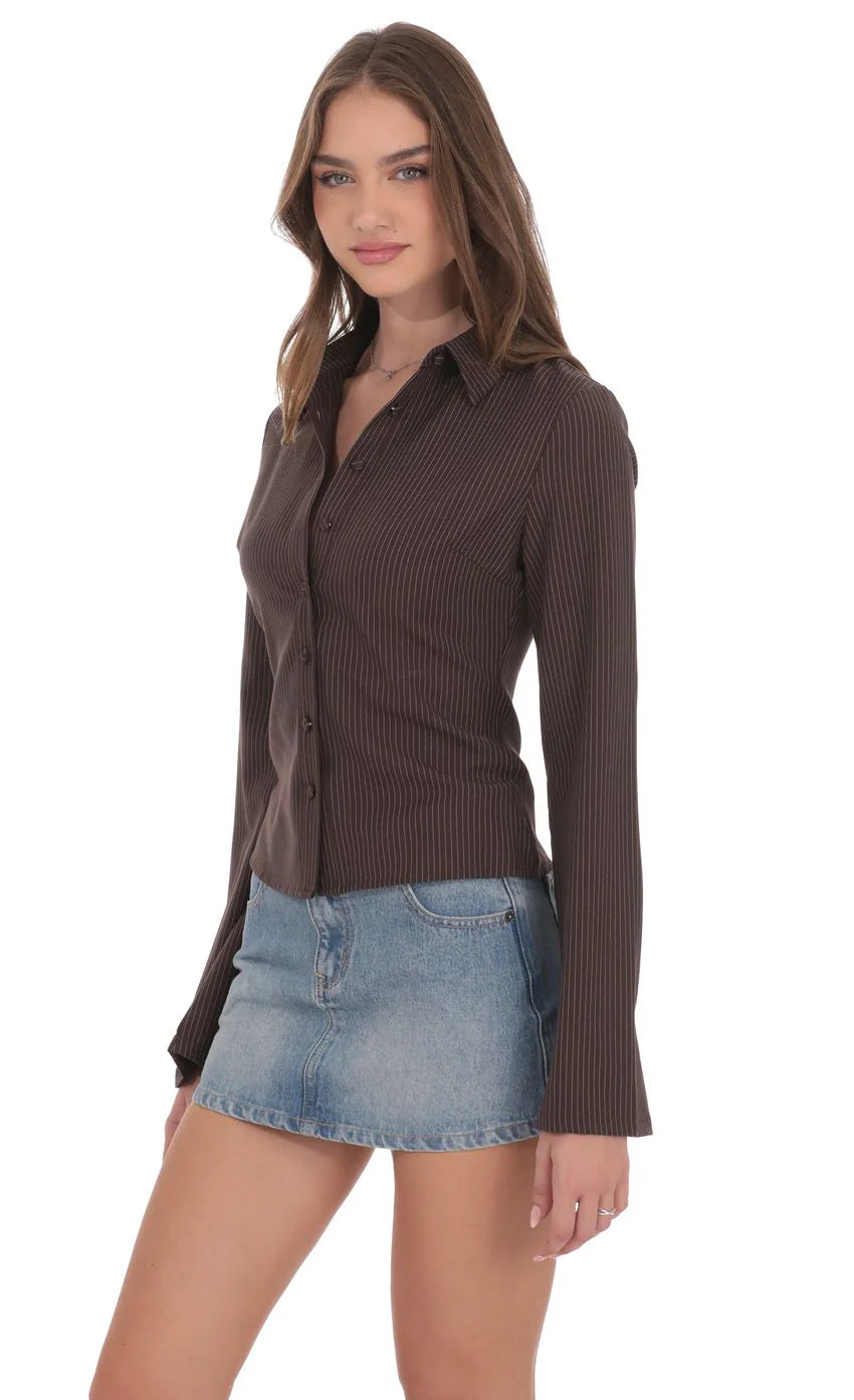 Pinstripe Button-Up Shirt in Brown