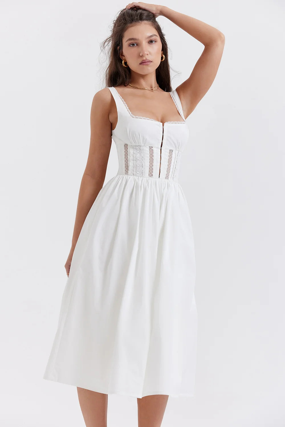 white lace trim midi dress