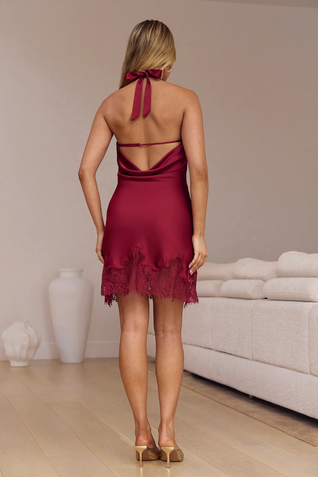 Chasing Reflections Satin Halter Mini Dress Burgundy