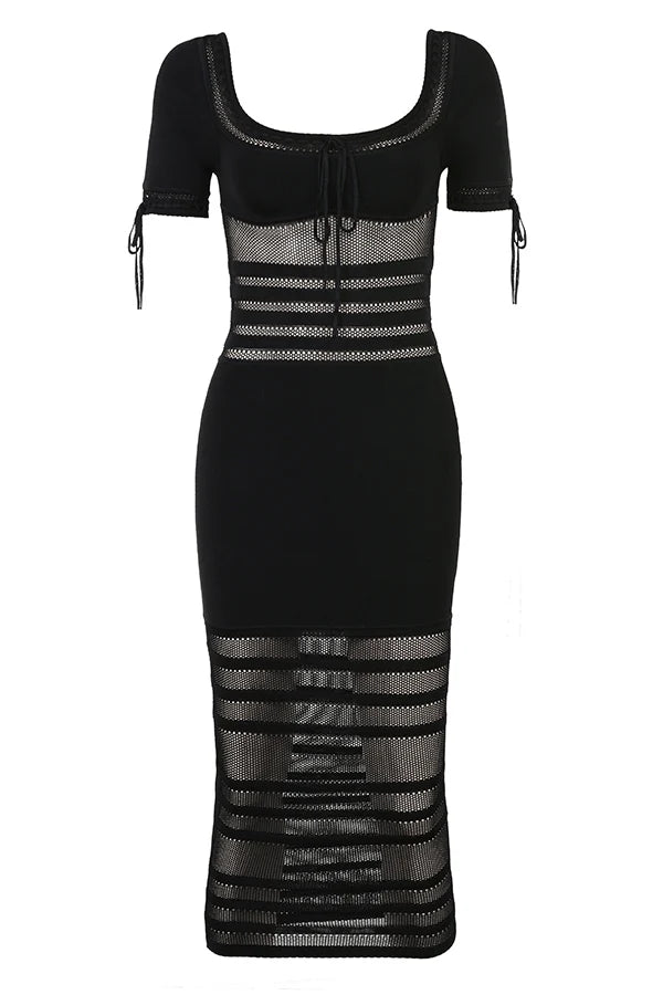 black openwork knit midi dress