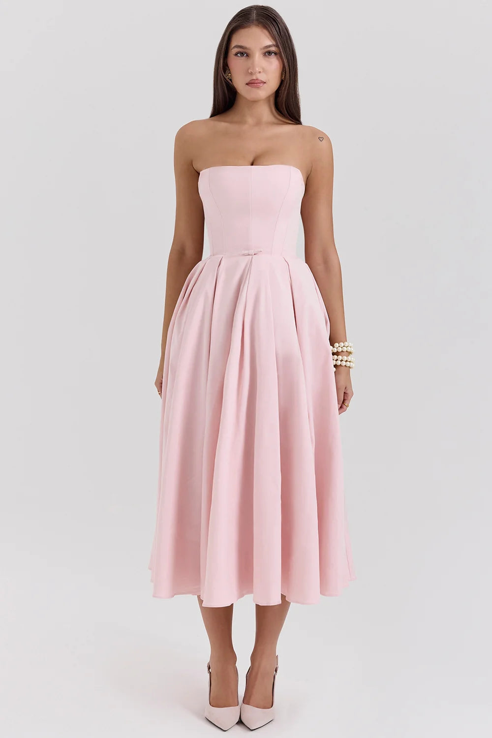 parisian pink strapless corset midi dress