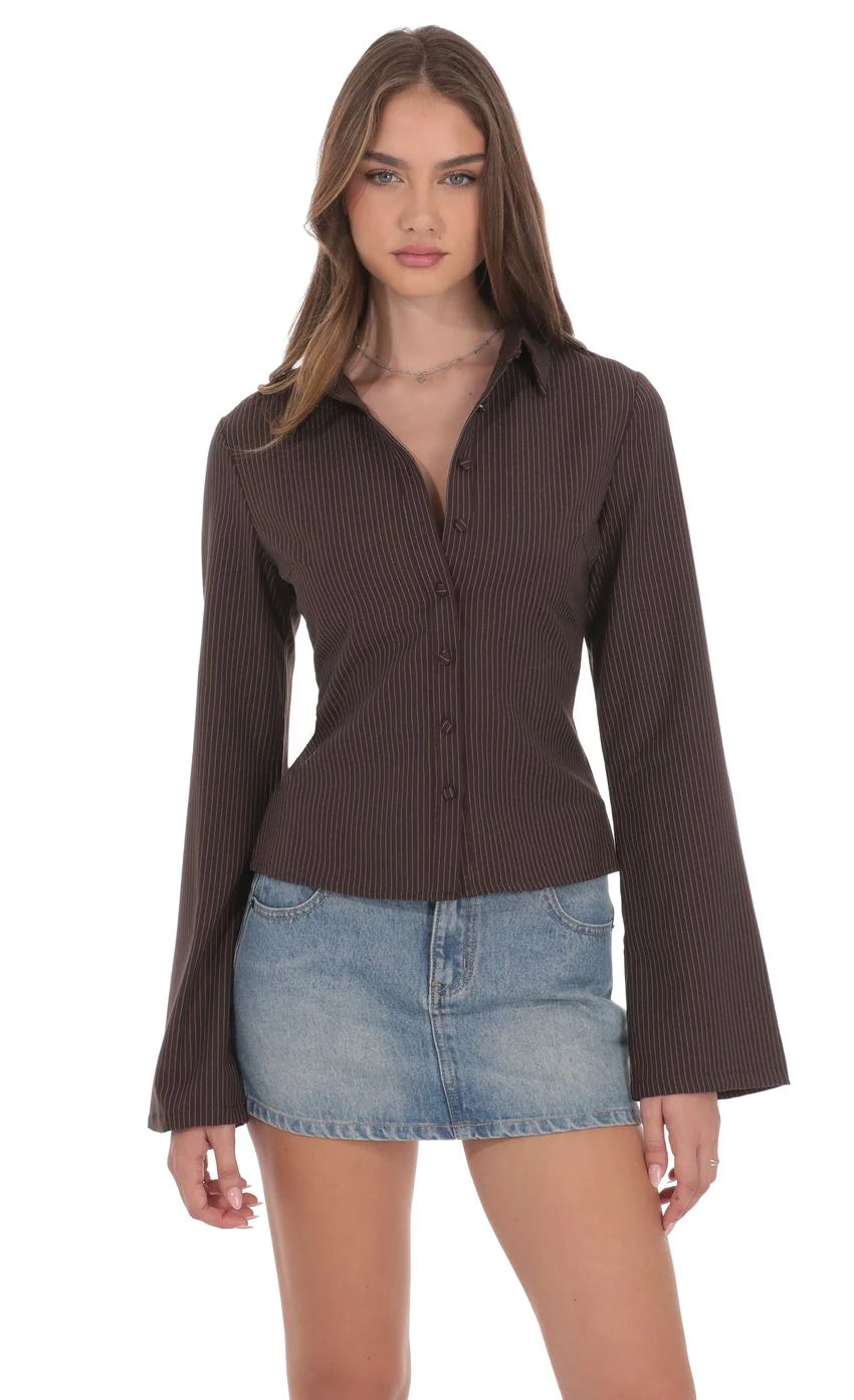 Pinstripe Button-Up Shirt in Brown