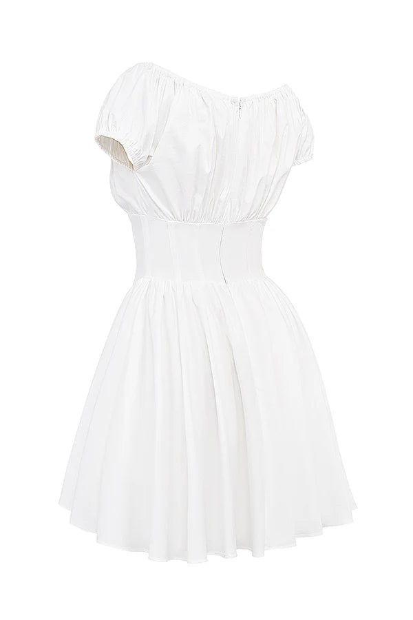 white cotton gathered mini dress