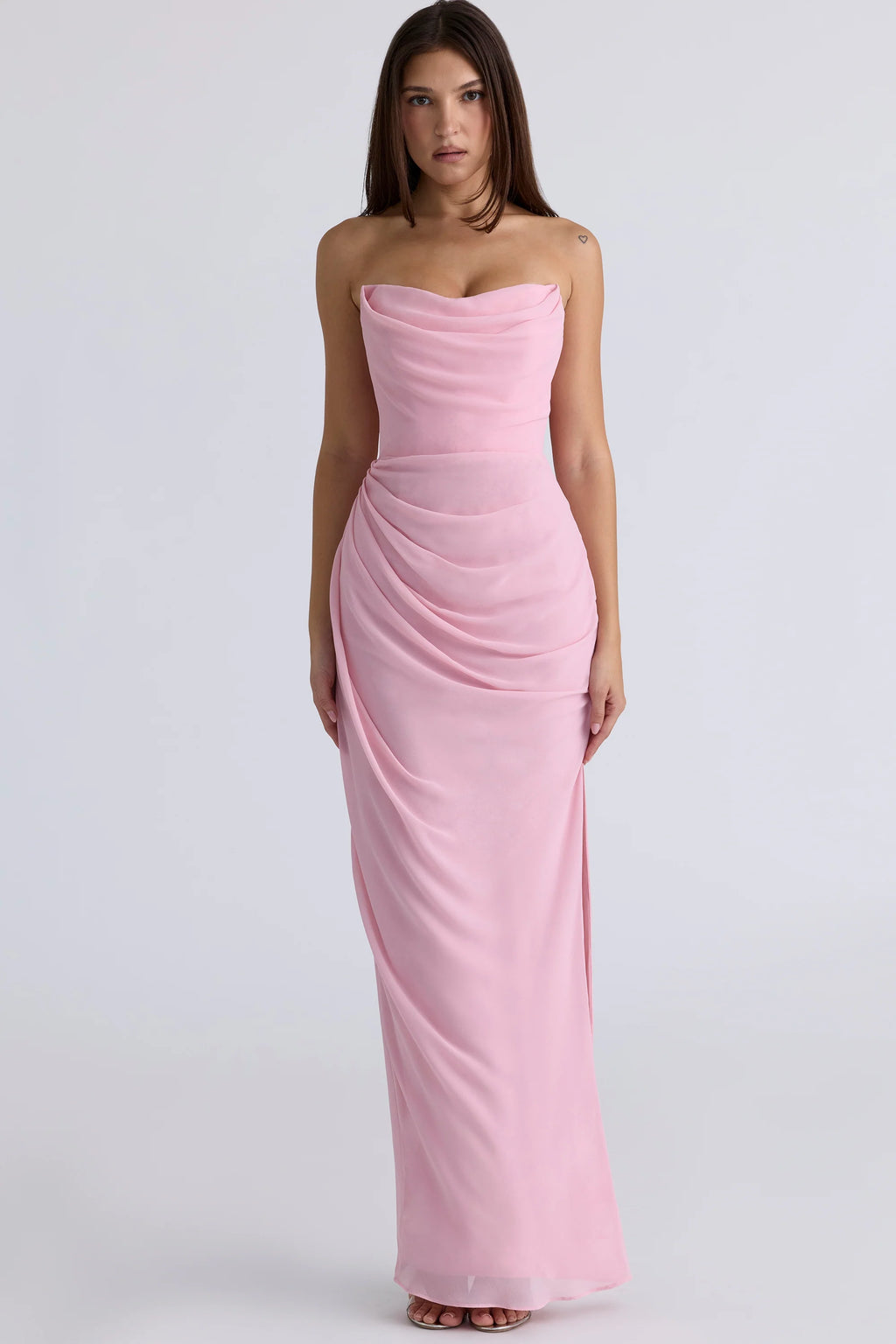 pink quartz georgette strapless gown