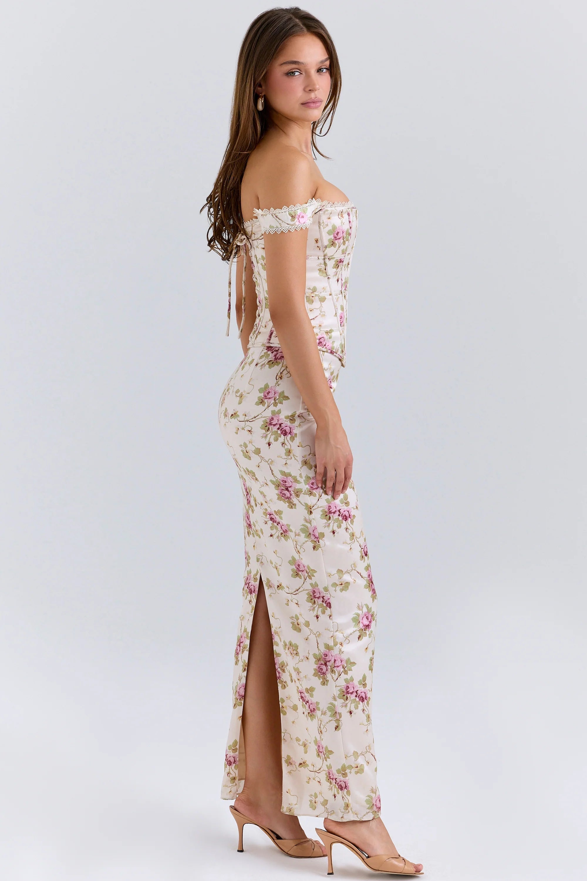 vintage cream floral print corset maxi dress