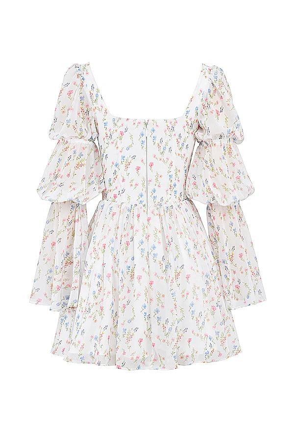 white posy print puff sleeve mini dress