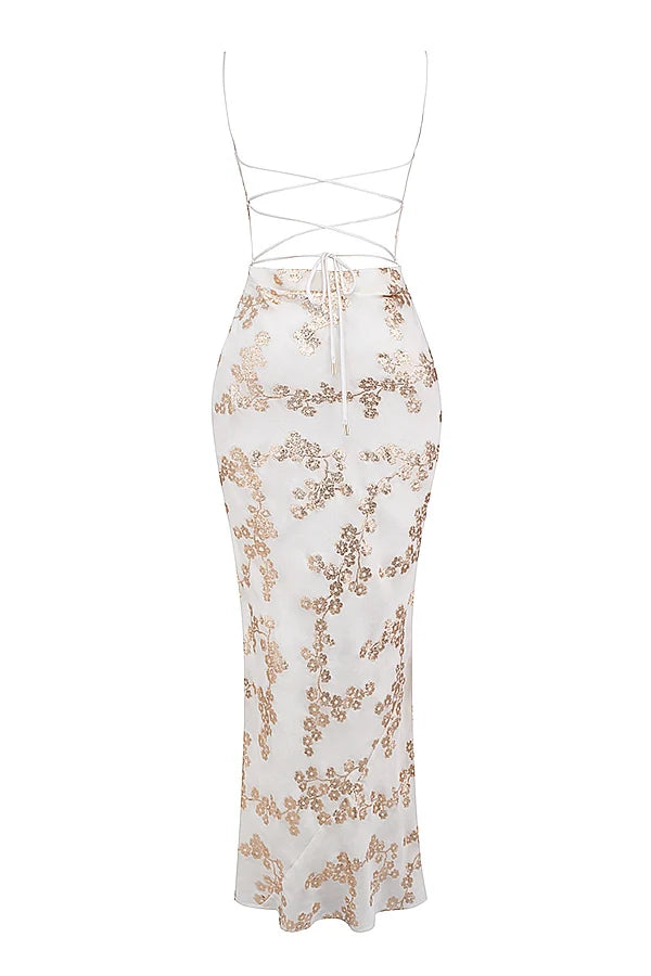 white & gold jacquard satin gown