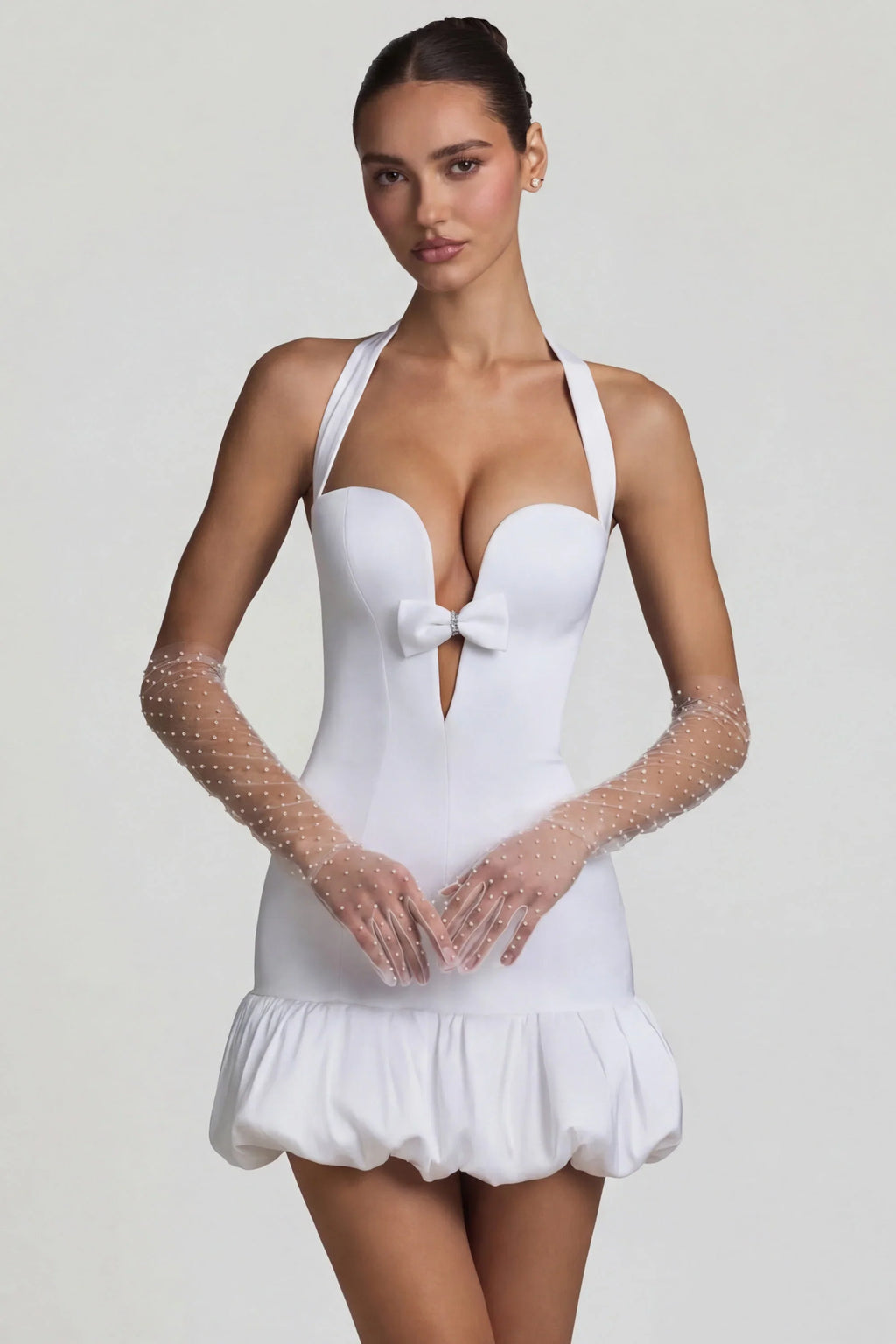 Bow-Detail Halterneck Bubble Hem Mini Dress in White
