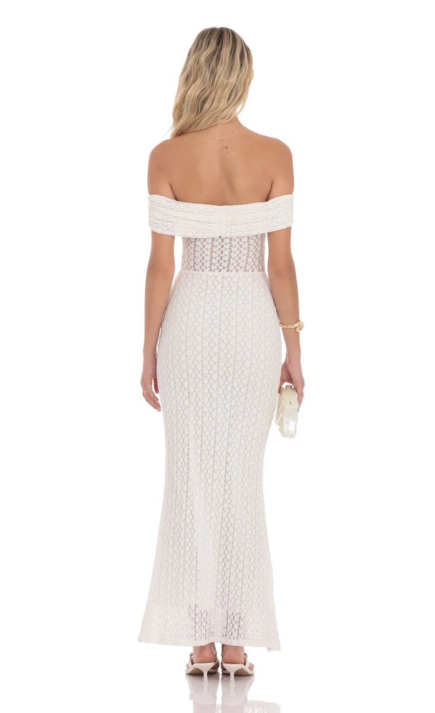 Off Shoulder Lace Bodycon Maxi Dress in White