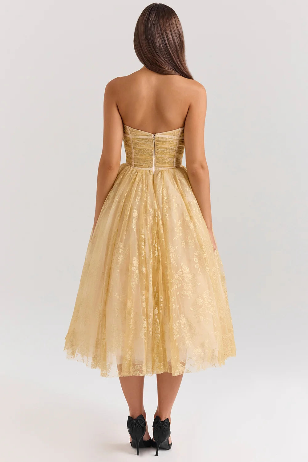 gold metallic lace tulle midi gown