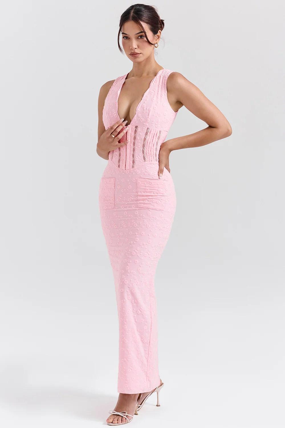 perfectly pink broderie anglais plunge maxi dress