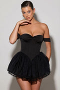 Off-Shoulder Layered Corset Micro Mini Dress in Black