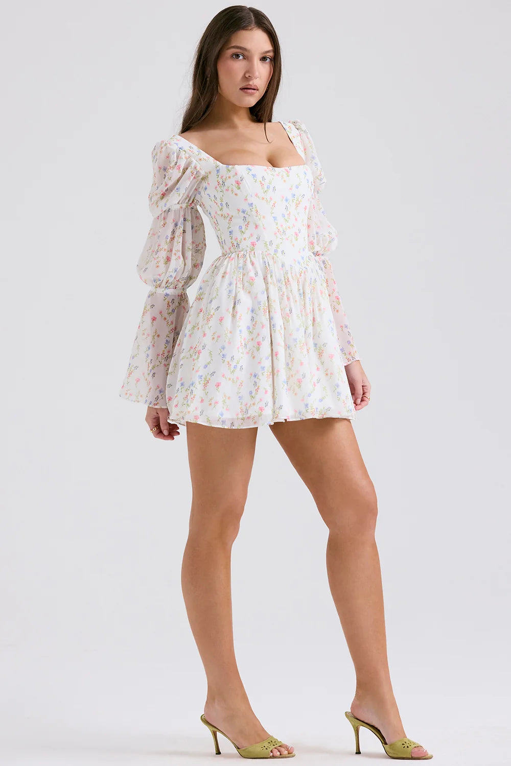 white posy print puff sleeve mini dress