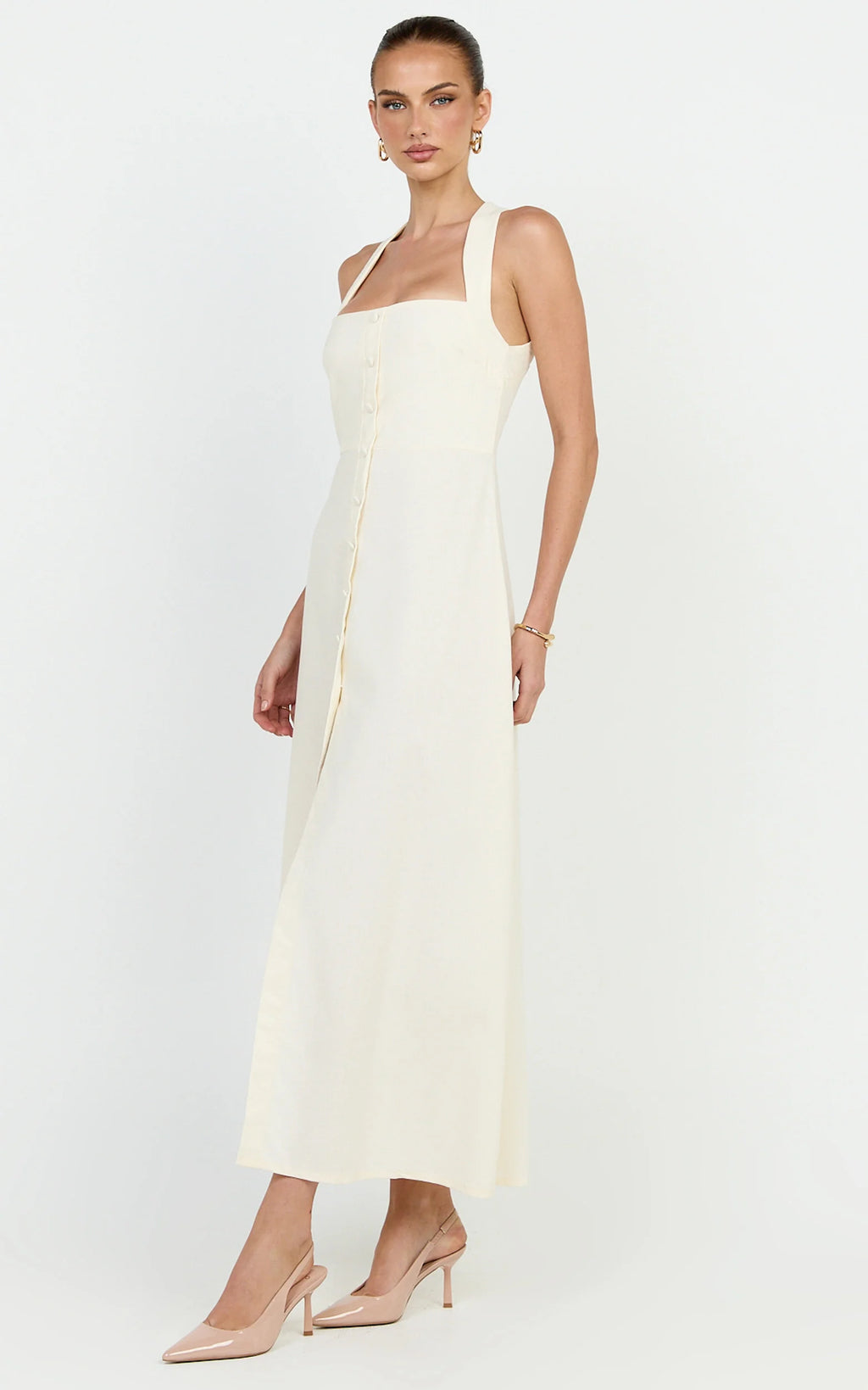 Marla Midi Dress - Square Neck Button Front Shift Dress in Cream