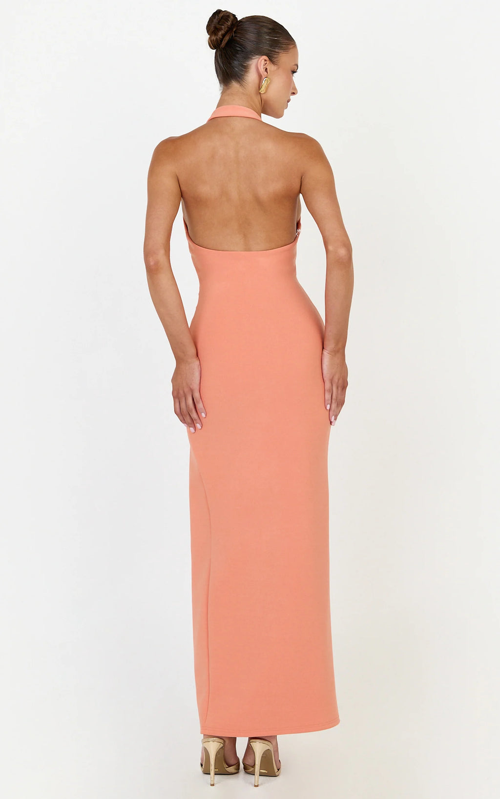 Ruby Maxi Dress - Halter Scoop Neck Low Back Bodycon Dress in Coral