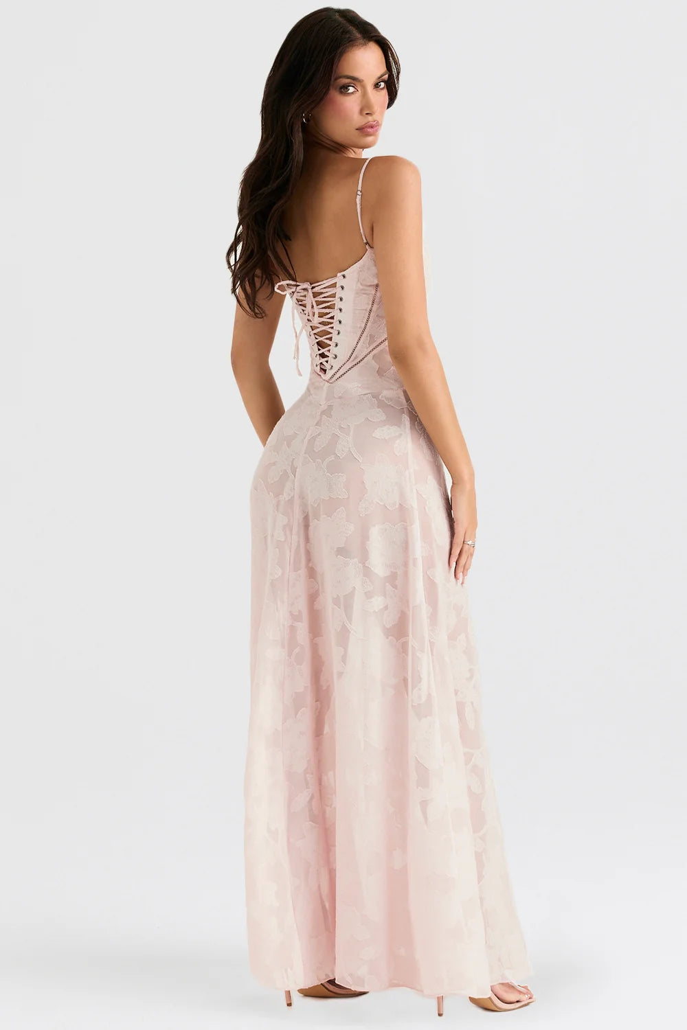 soft pink floral lace back maxi dress