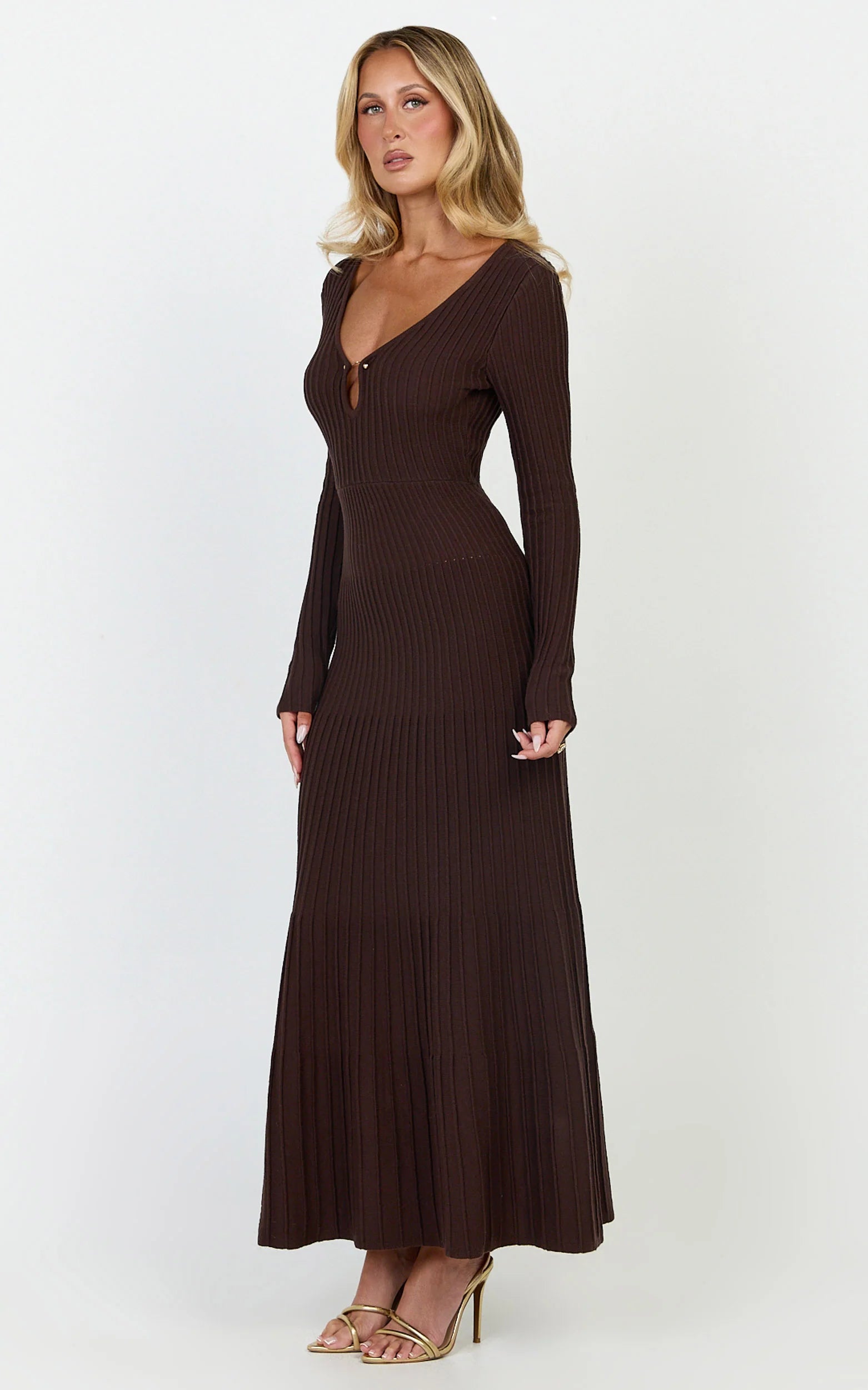 Maris Midi Dress - Keyhole and Hardware Neckline Long Sleeve Flared Dress in Choc
