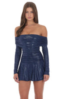 Off Shoulder Foil Flare Dress in Navy