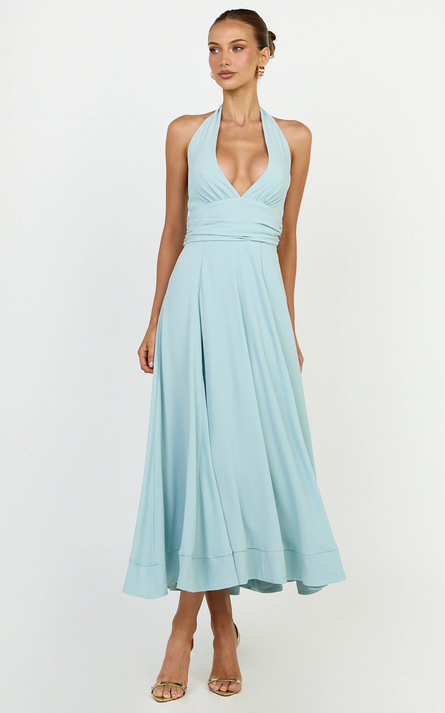 Vivia Maxi Dress - Gathered Waist Halter Dress in Blue