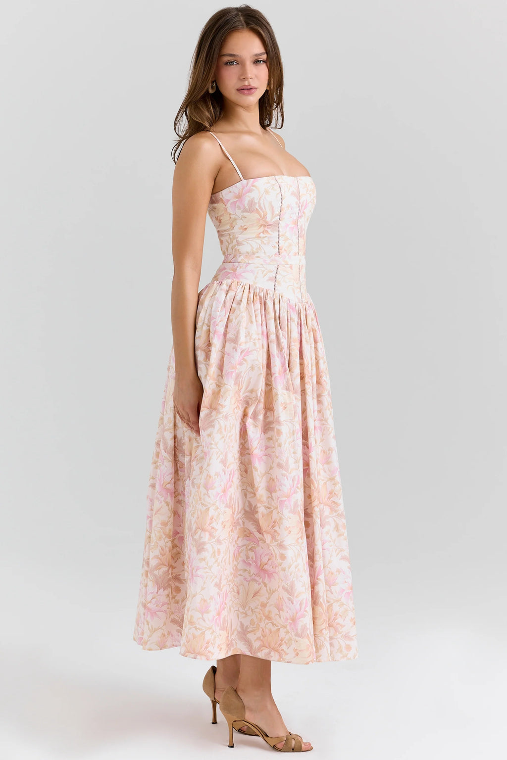 peach floral print stretch cotton midi sundress