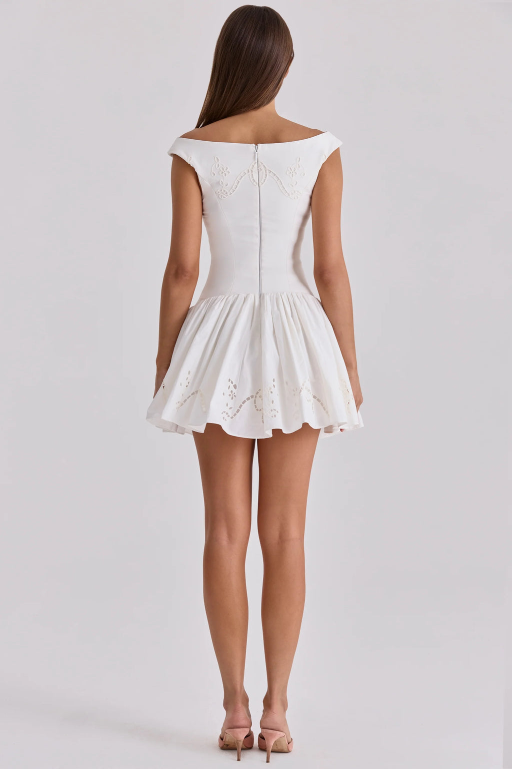 white cotton broderie anglaise boat neck mini dress