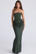 emerald green crepe strapless corset maxi dress