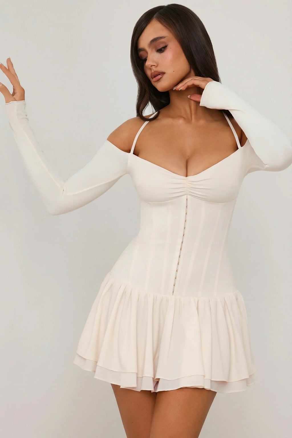 Off-Shoulder Tiered Corset Mini Dress in Ivory