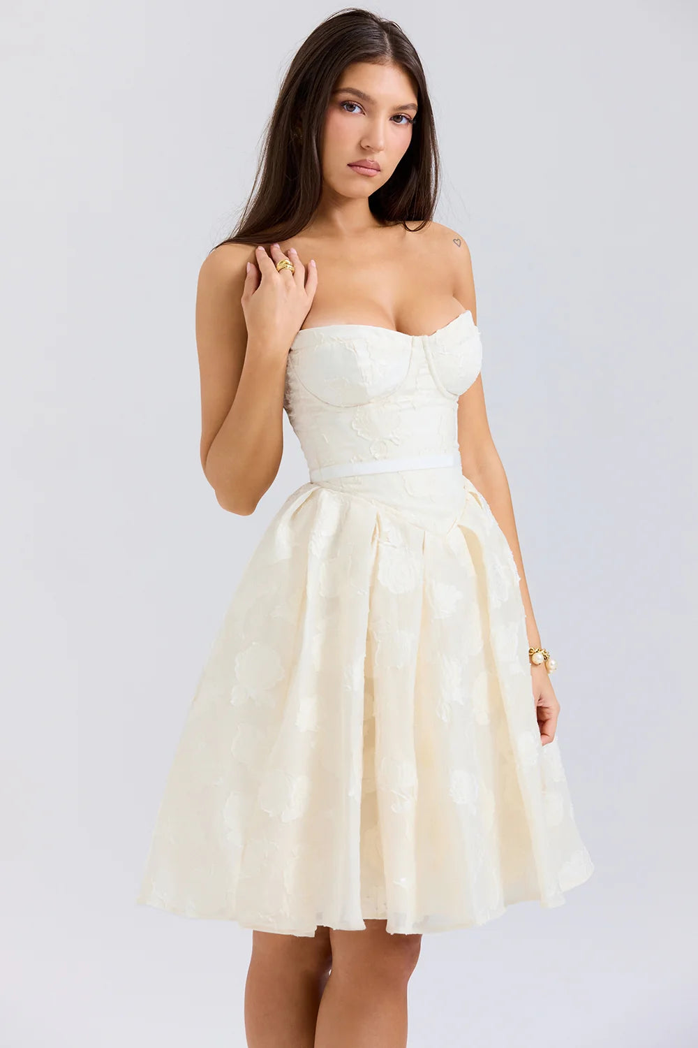 vintage cream floral strapless mini dress