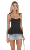 Shoulder Tie Flare Top in Black