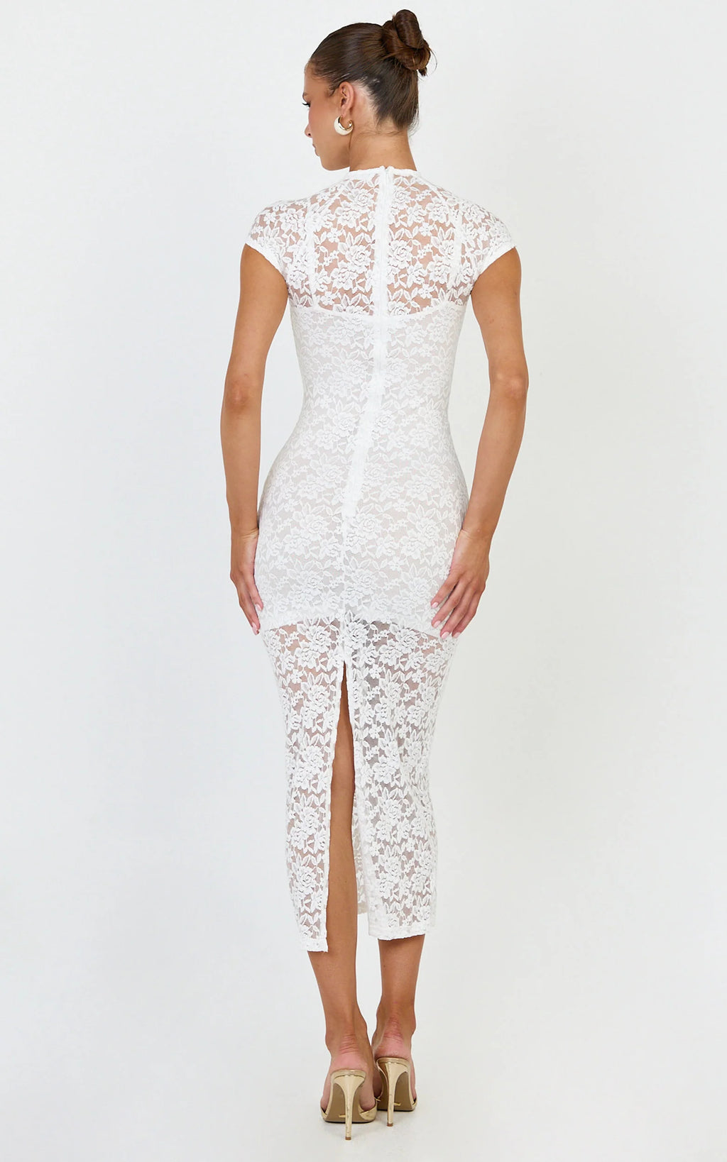 Emma Midi Dress - Lace Cap Sleeve Bodycon Dress in White