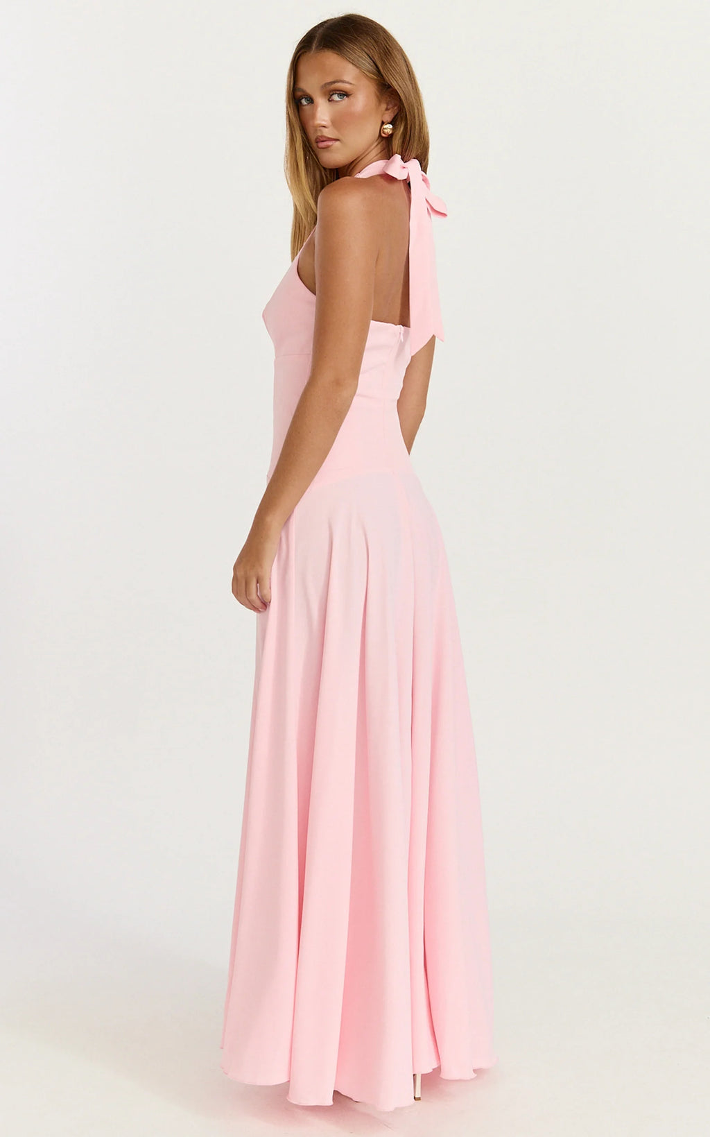 Poppy Maxi Dress - Contrast Skirt Deep Plunge Halter Dress in Soft Pink