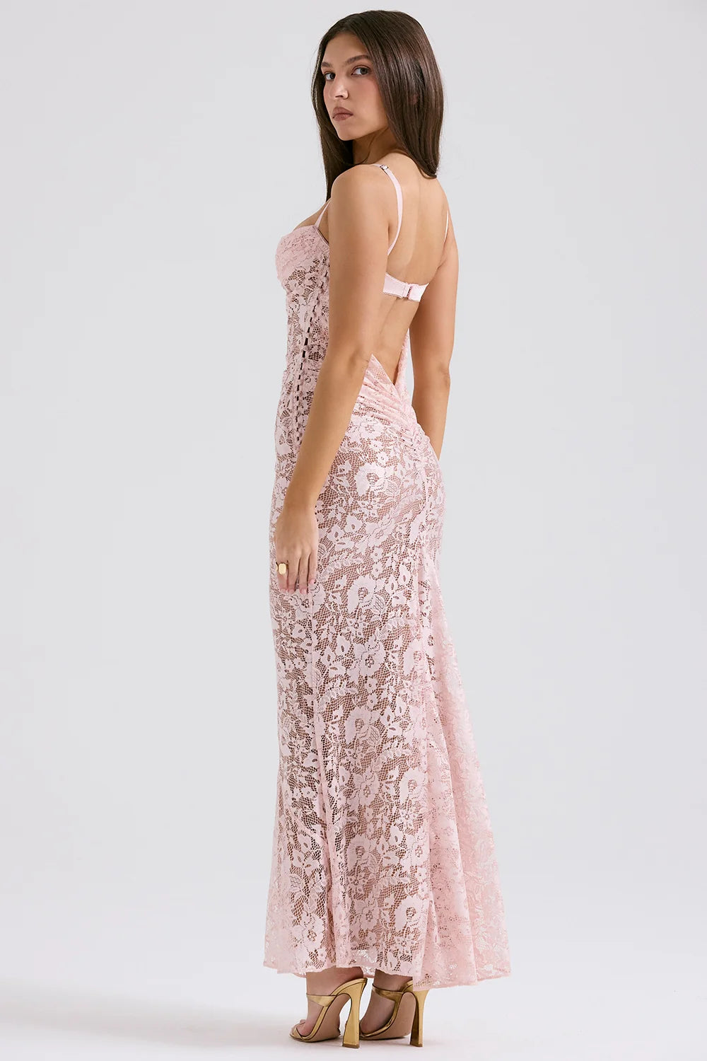 rose pink lace godet gown
