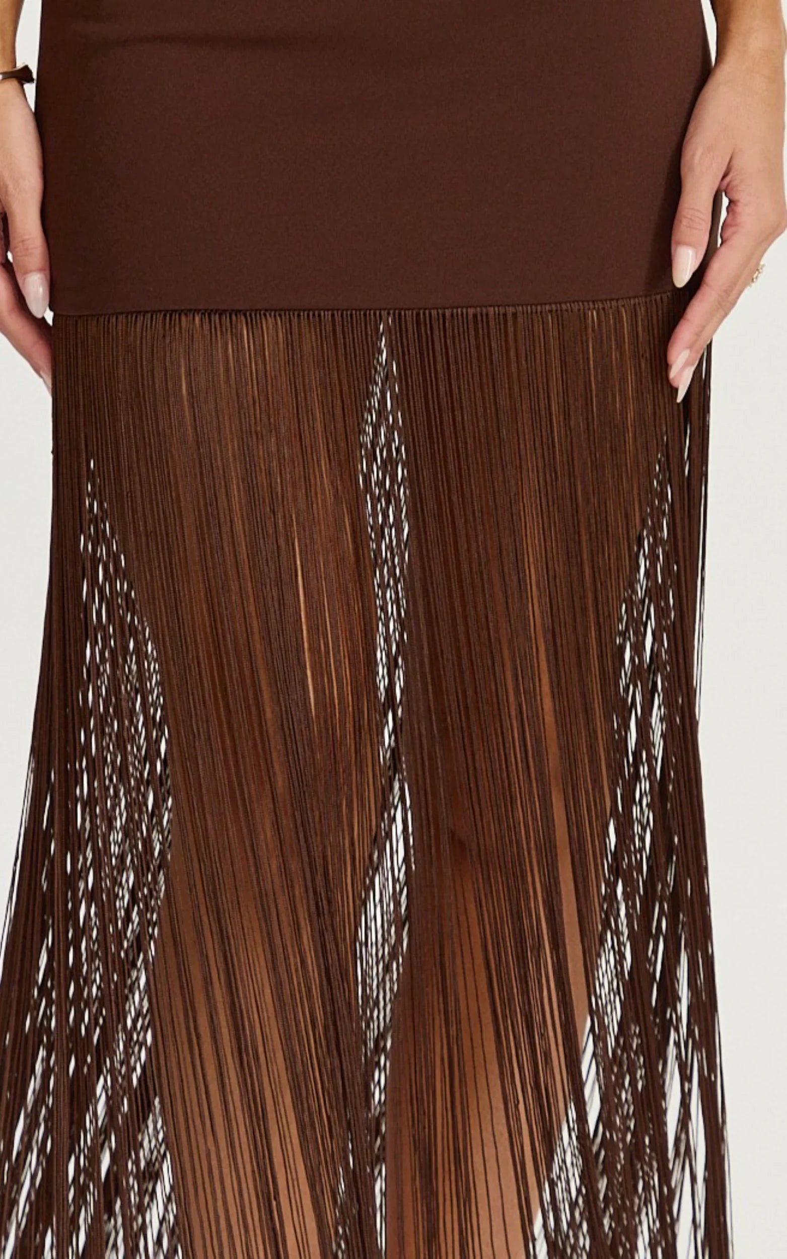 Evie Maxi Dress - Crepe Fringed Shift Dress in Chocolate