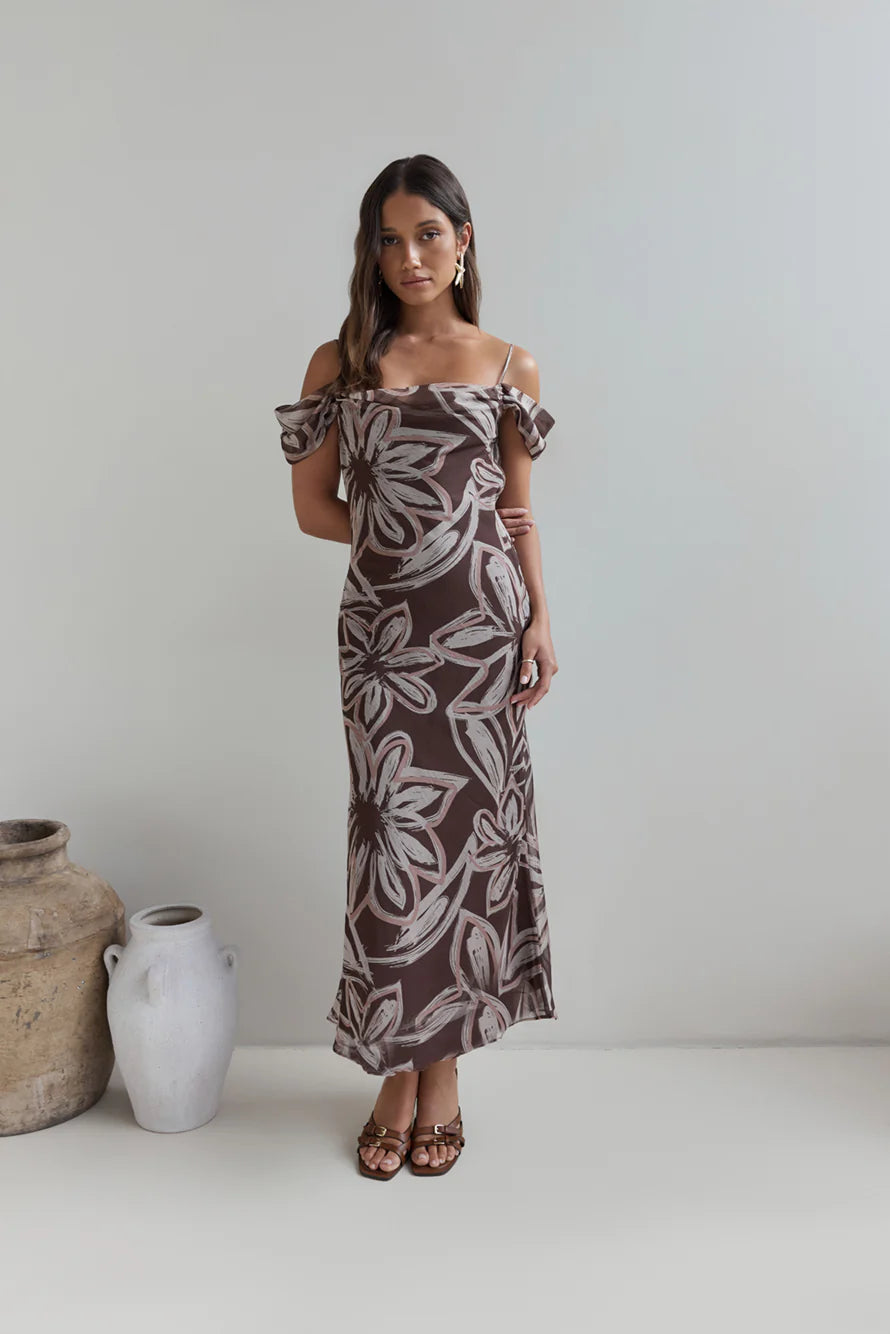 Desert Flower Off Shoulder Maxi Dress Brown