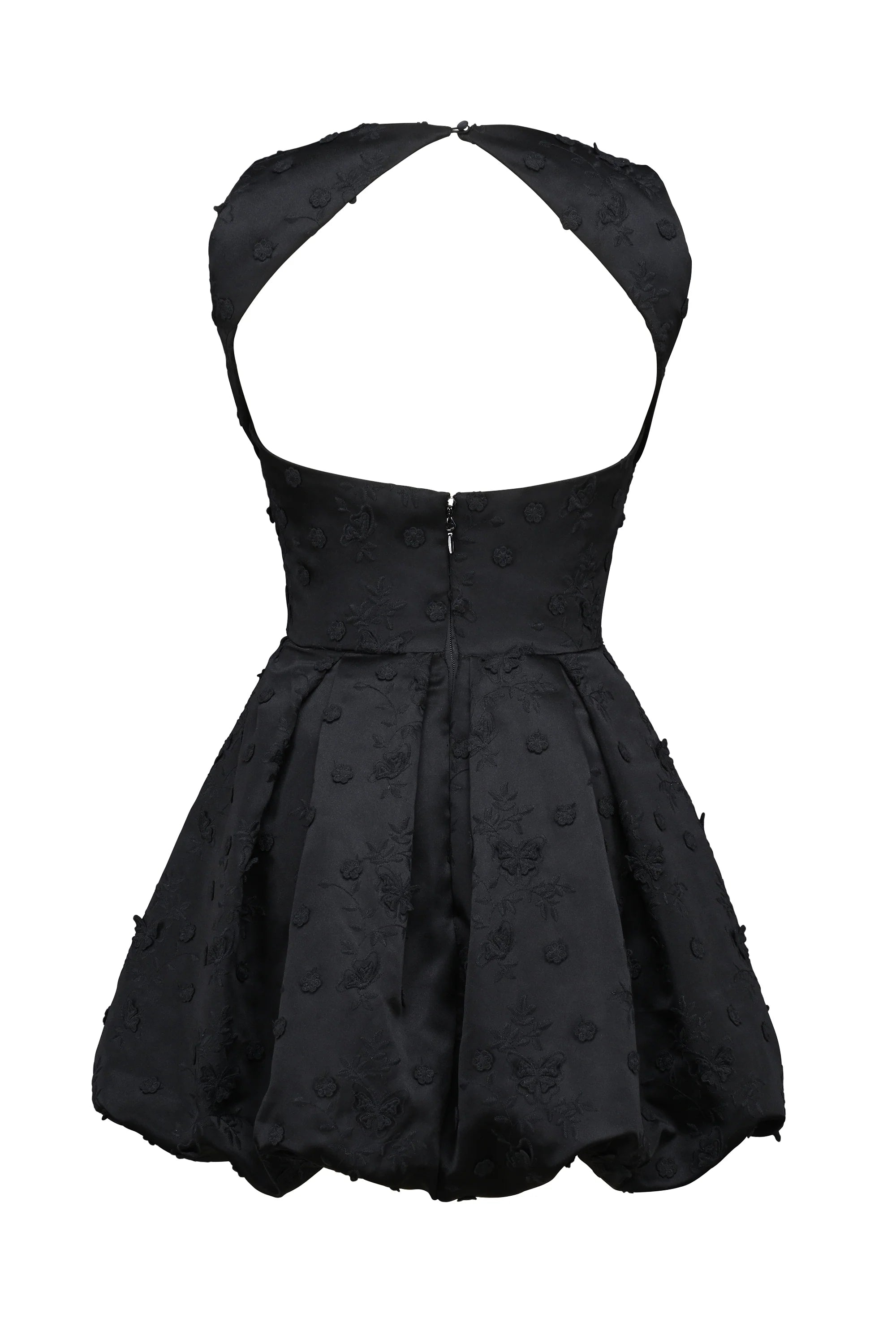 black backless embroidered mini puffball dress