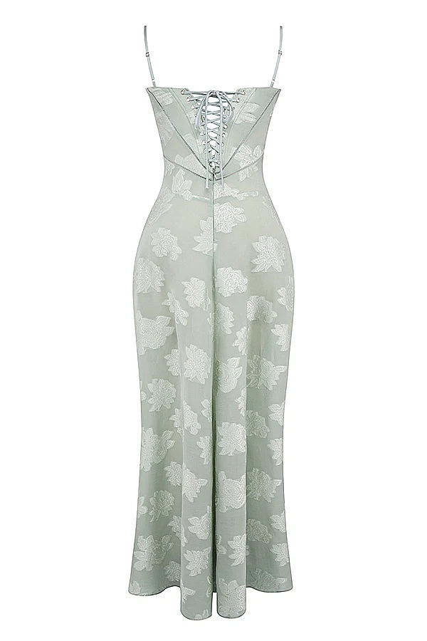 pistachio floral lace back maxi dress