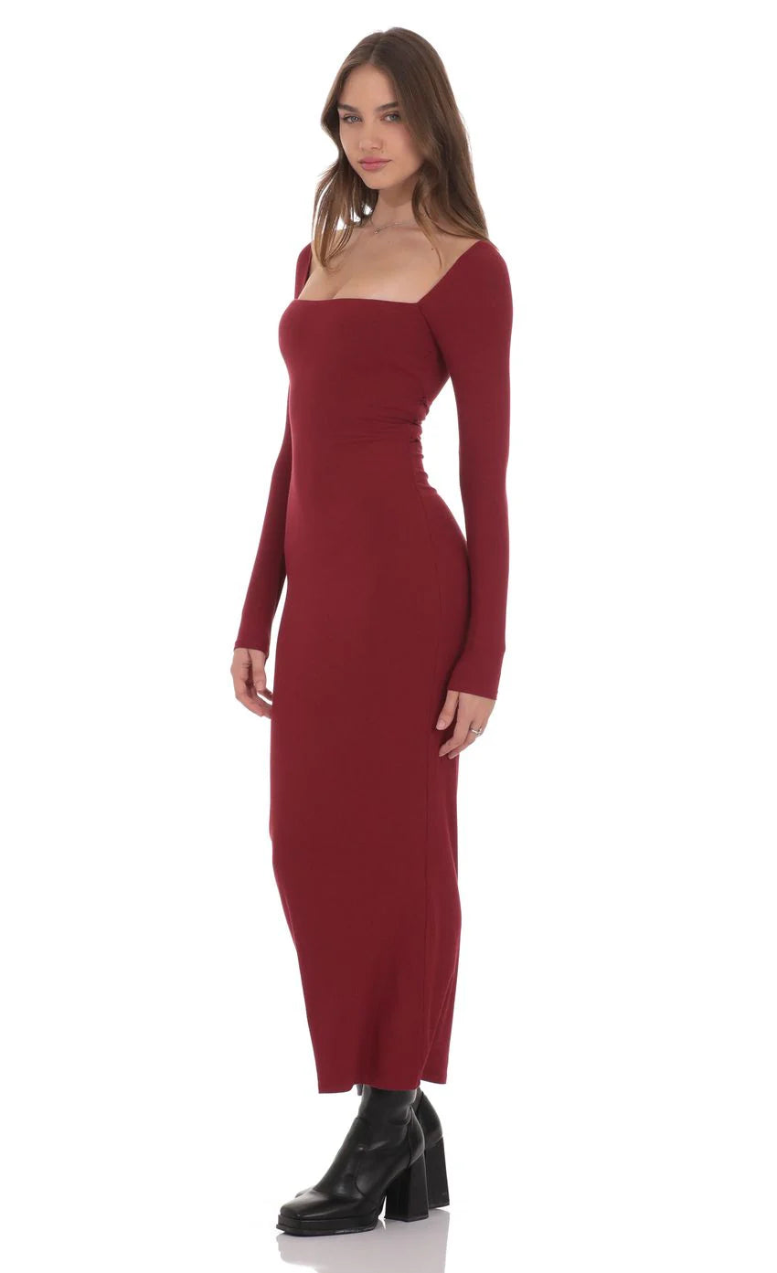 Cinch-Tie Ribbed Maxi Dress in Burgundy