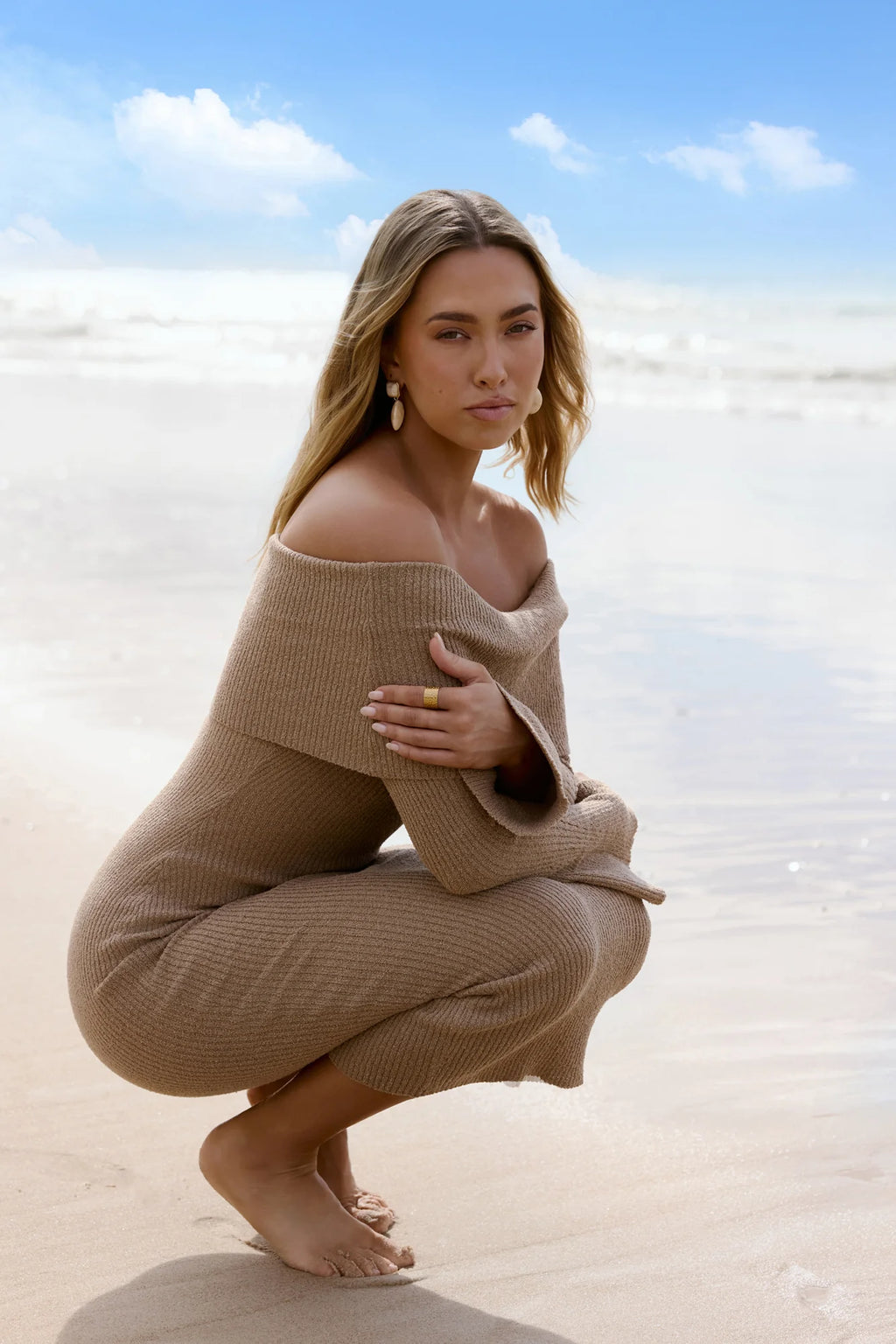 Caramel Kiss Knit Strapless Long Sleeve Maxi Dress Mocha