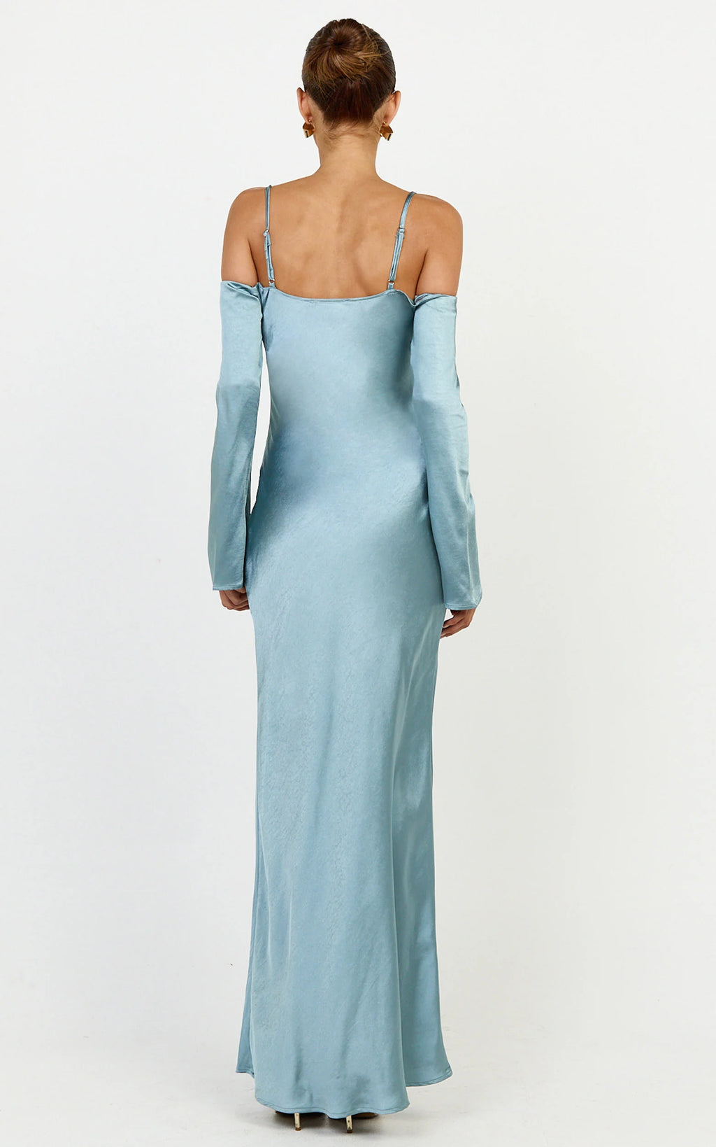 Isabella Maxi Dress - Off Shoulder Long Sleeve Satin Dress in Blue