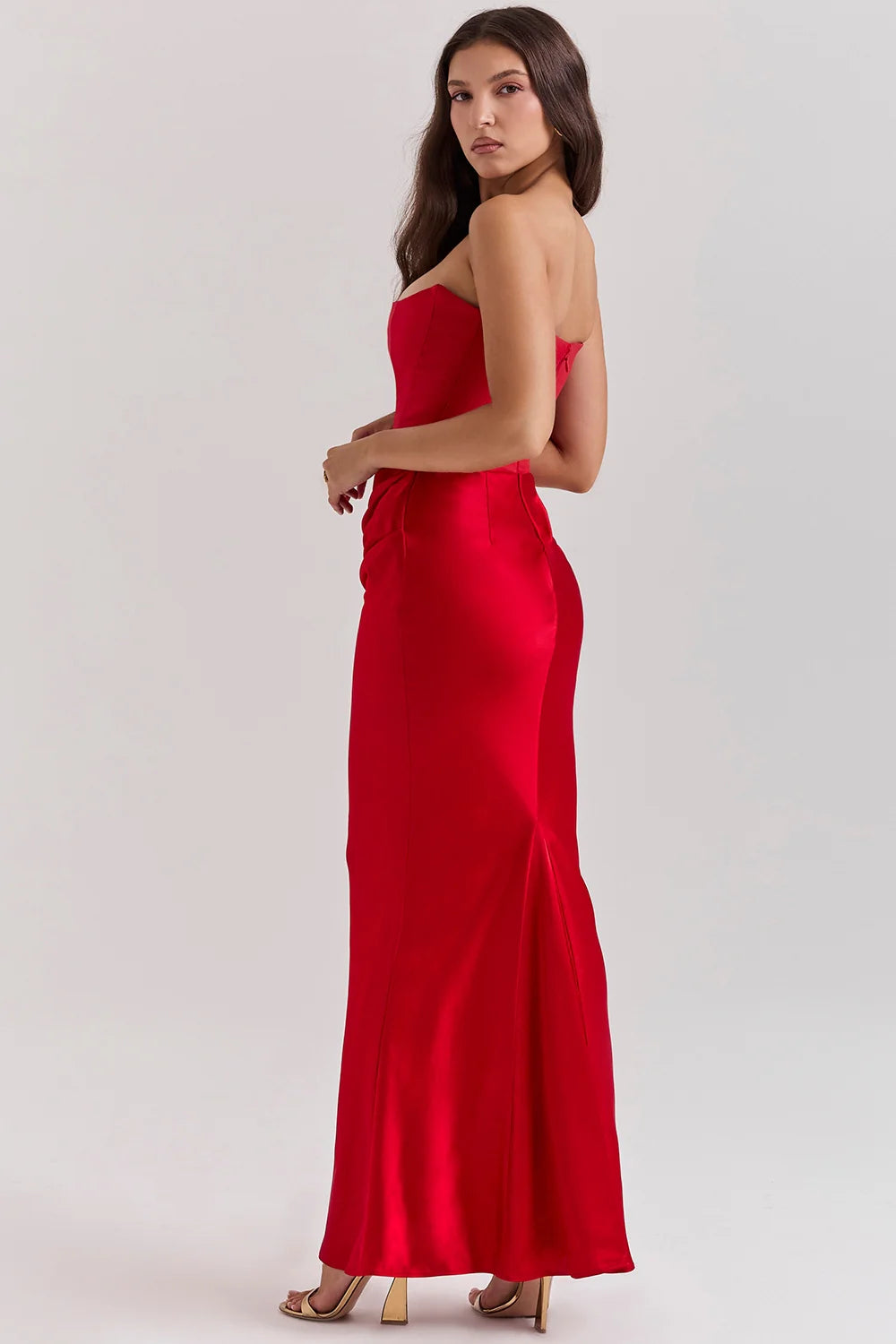 scarlet strapless corset maxi dress